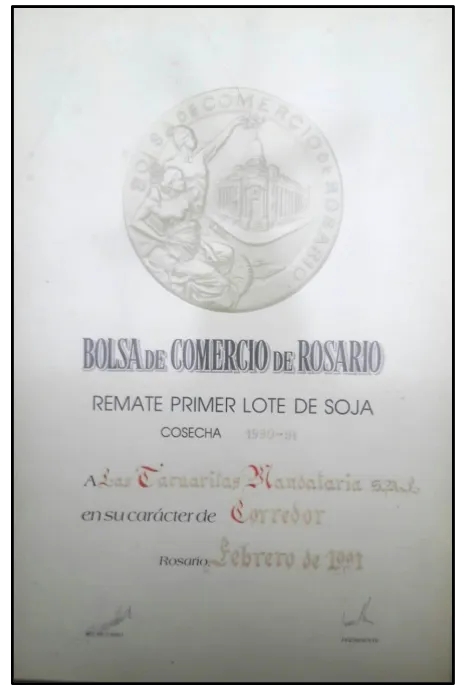 Diploma de la Bolsa de Comercio de Rosario por el remate del primer lote de soja